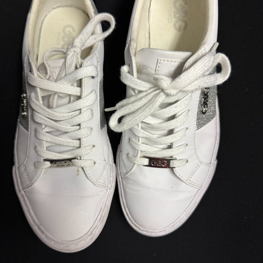 GBG Guess Women's White Lace up Sneakers with silver glitter-Size 9.5 M